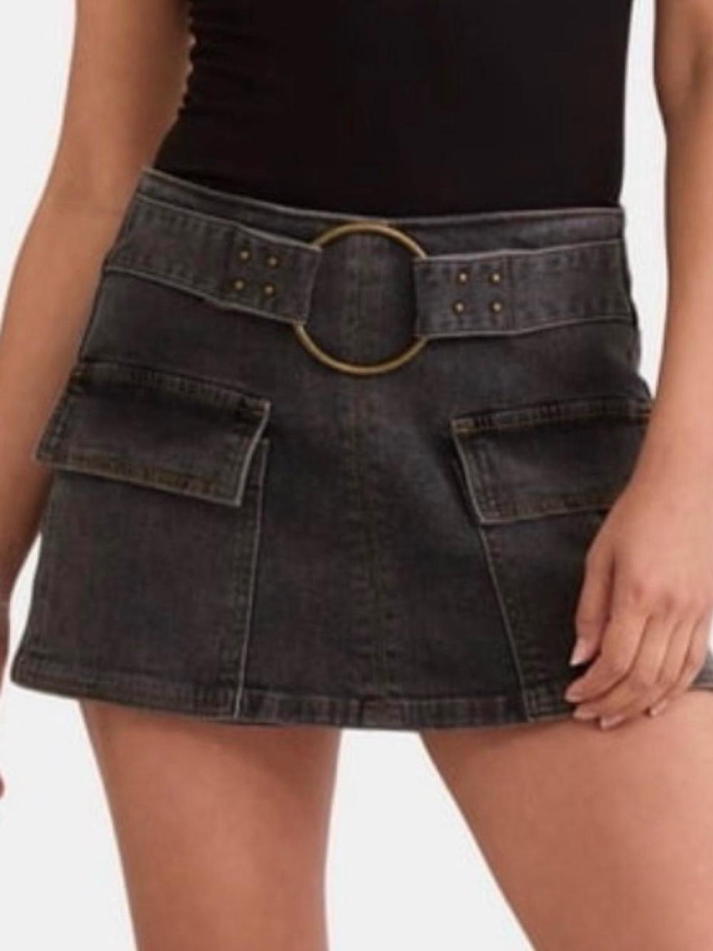 Madden NYC Black Denim Mini Skort With Antiqued Gold Ring w/Studs Attchd Belt.